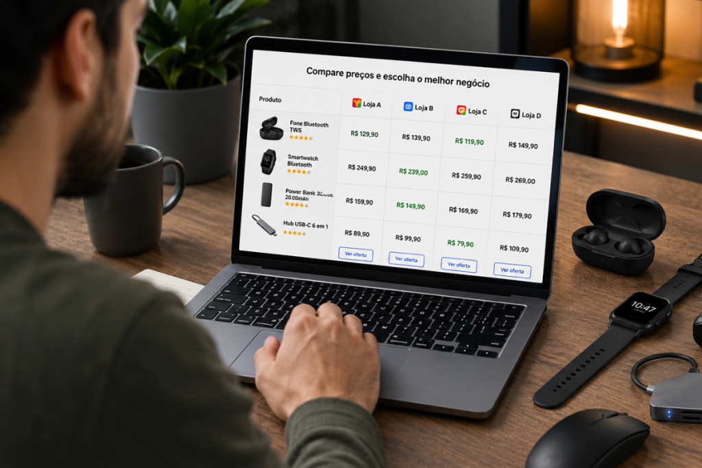 Pessoa escolhendo entre diferentes gadgets tecnológicos para comprar, em diferentes lojas online