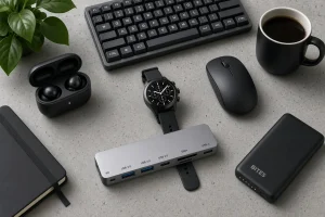 Fones de ouvido sem fio e smartwatch sobre uma mesa, exemplos de gadgets úteis
