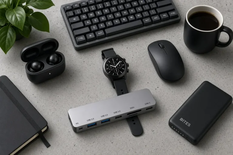 Fones de ouvido sem fio e smartwatch sobre uma mesa, exemplos de gadgets úteis